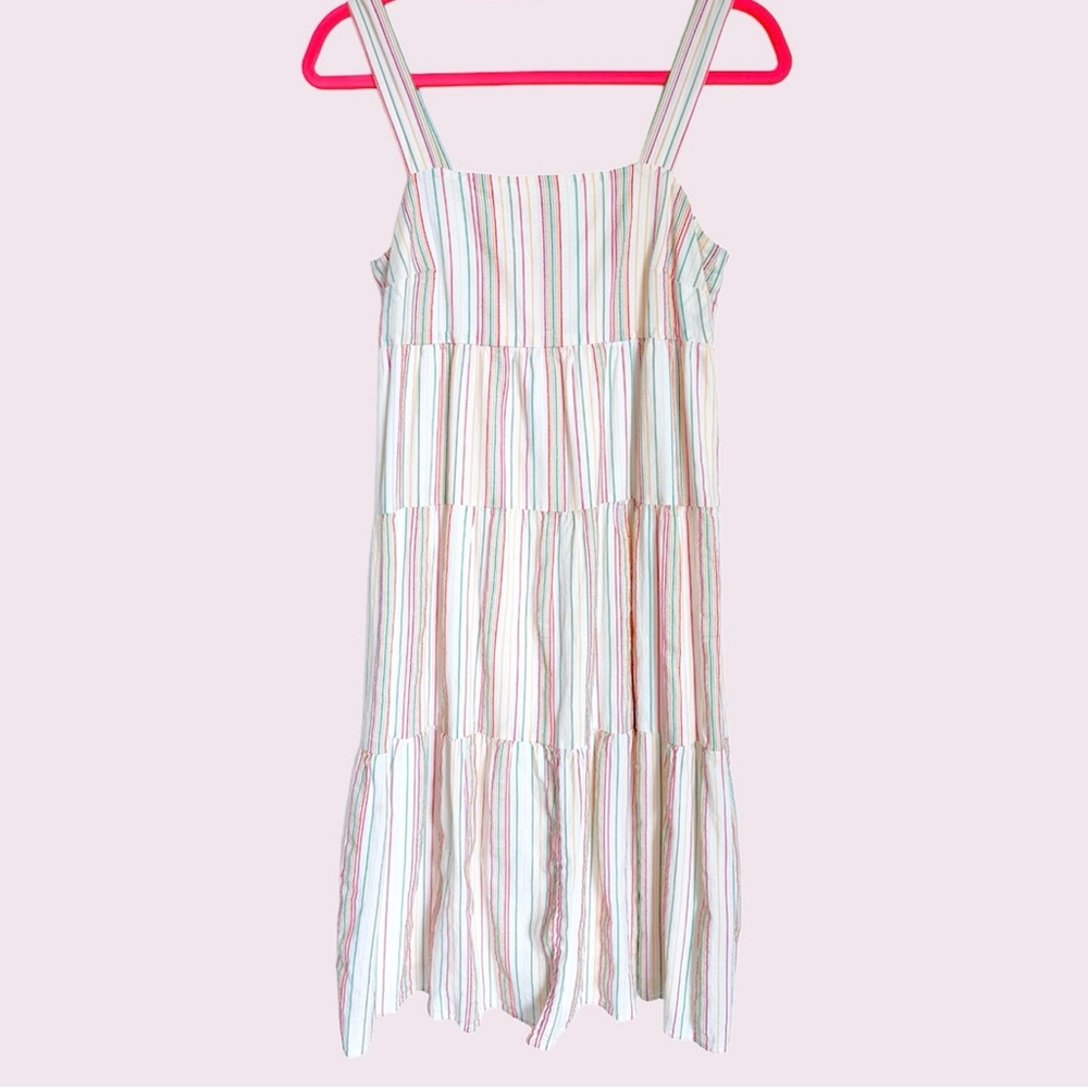 Button-Back Tiered Dress in Textural Rainbow Stripe
